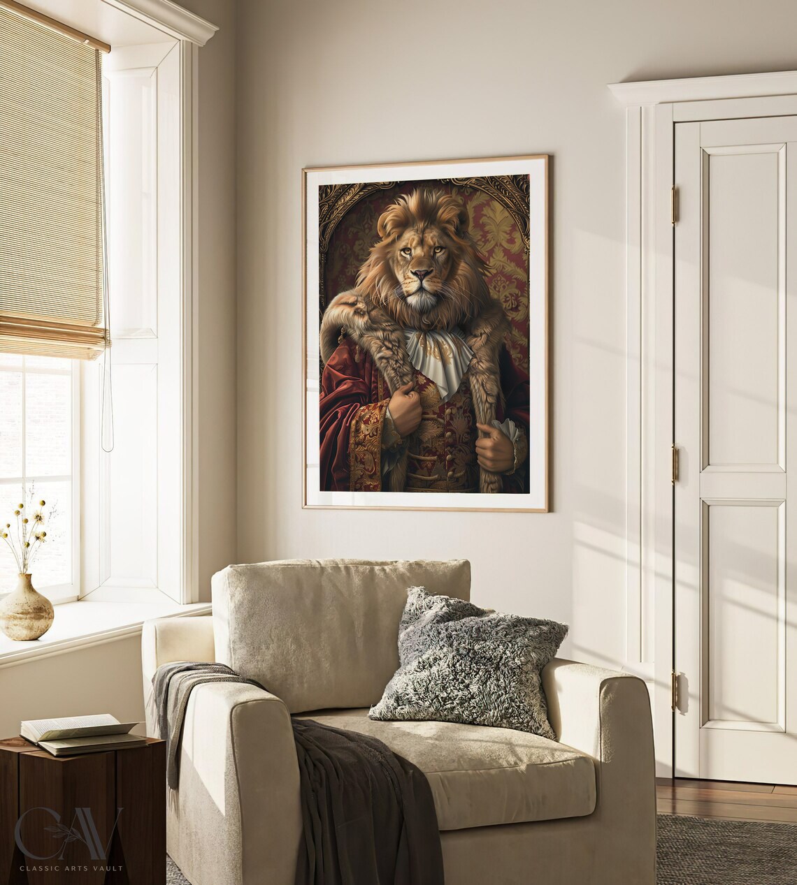 Lion King in Fur Trimmed Red Velvet Robe with Brocade Vest Portrait Poster - Image 2