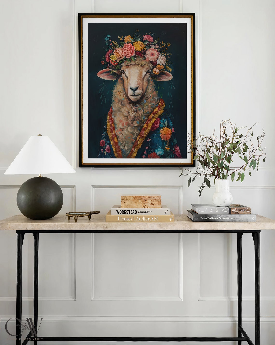 Sheep Flower Crown Maximalist Eclectic Floral Portrait Poster - Image 3