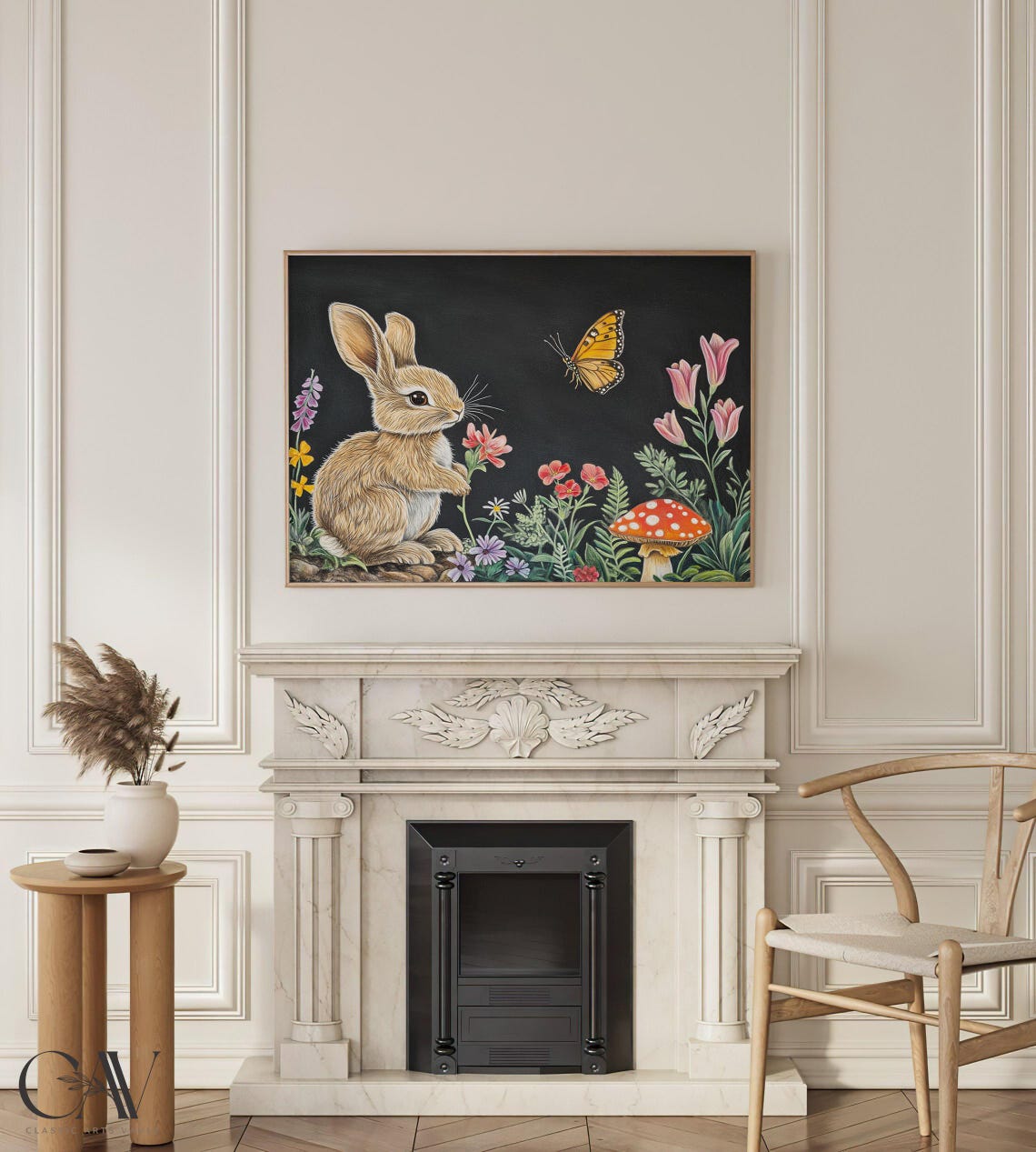 Bunny Rabbit with Butterfly Woodland Flowers Black Background Poster - Image 4
