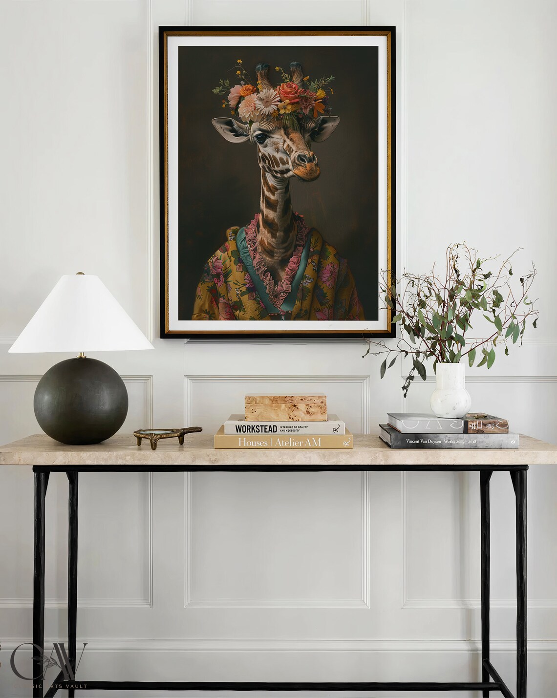 Giraffe with Flower Crown in Floral Kimono Style Robe Dark Portrait Poster - Image 3