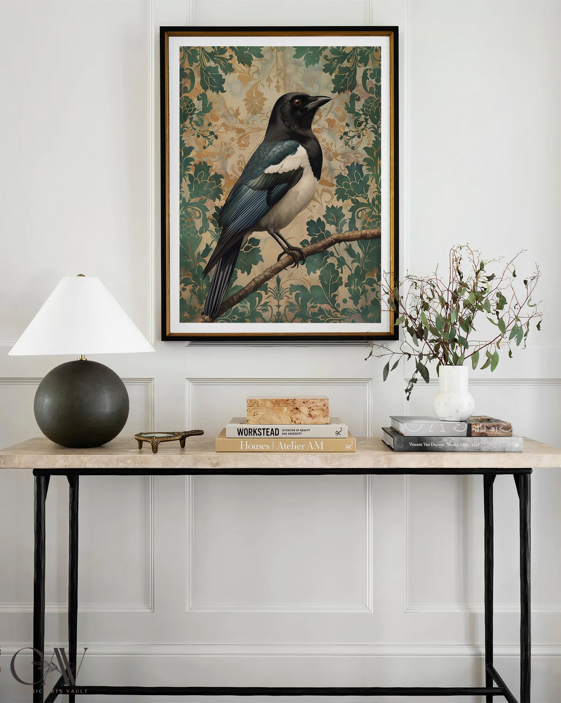 Magpie Bird Perched Among Green Foliage Vintage Botanical Poster - Image 2