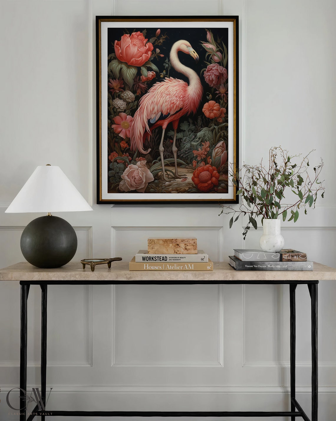 Flamingo Dark Botanical Moody Peonies Vintage Floral Art Poster - Image 3