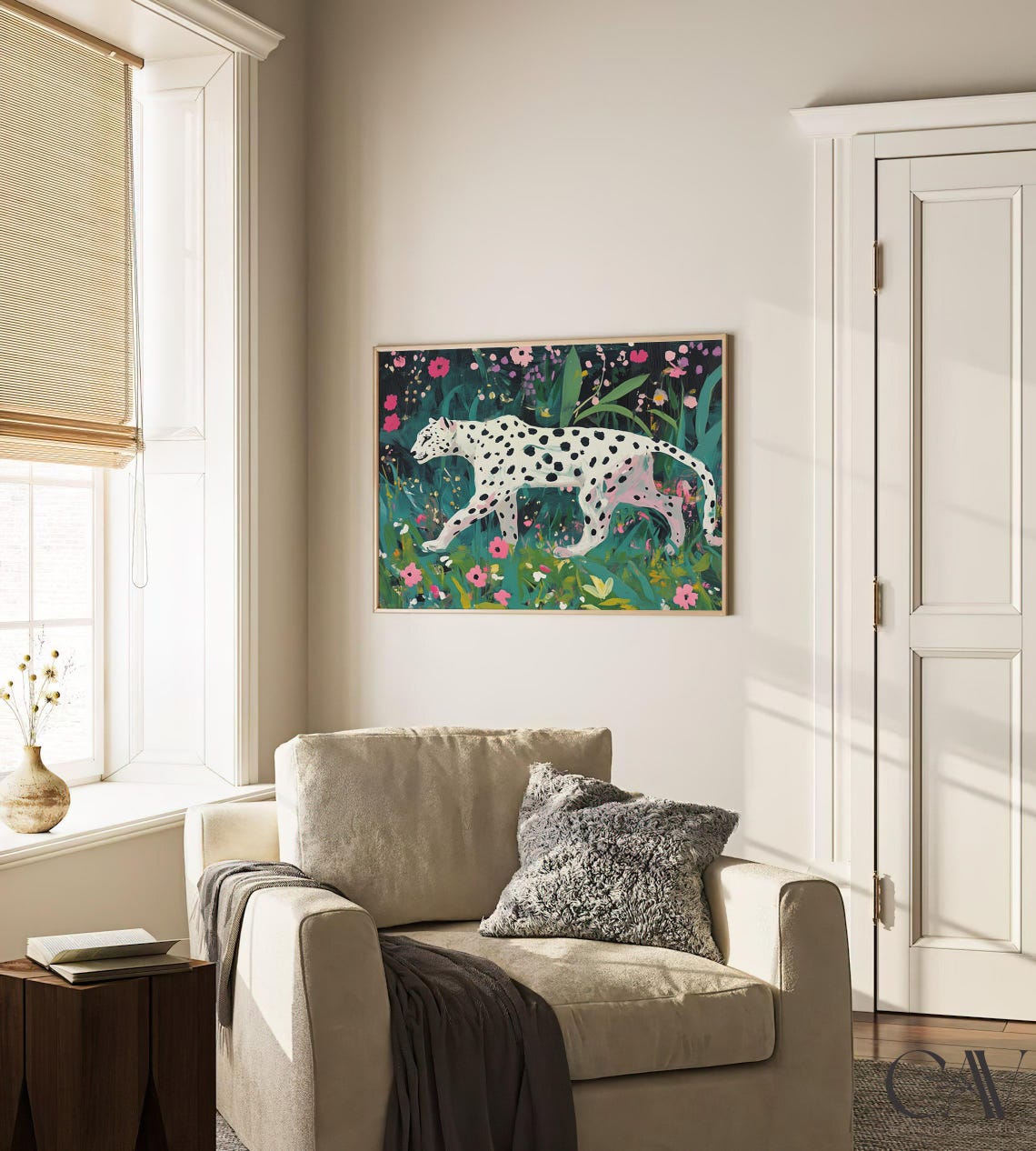 White Leopard Jungle Flowers Painterly Maximalist Art Poster - Image 4