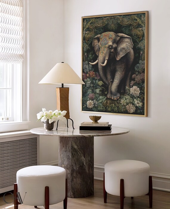 Elephant With Ornate Headpiece Walking in a Dark Jungle Poster