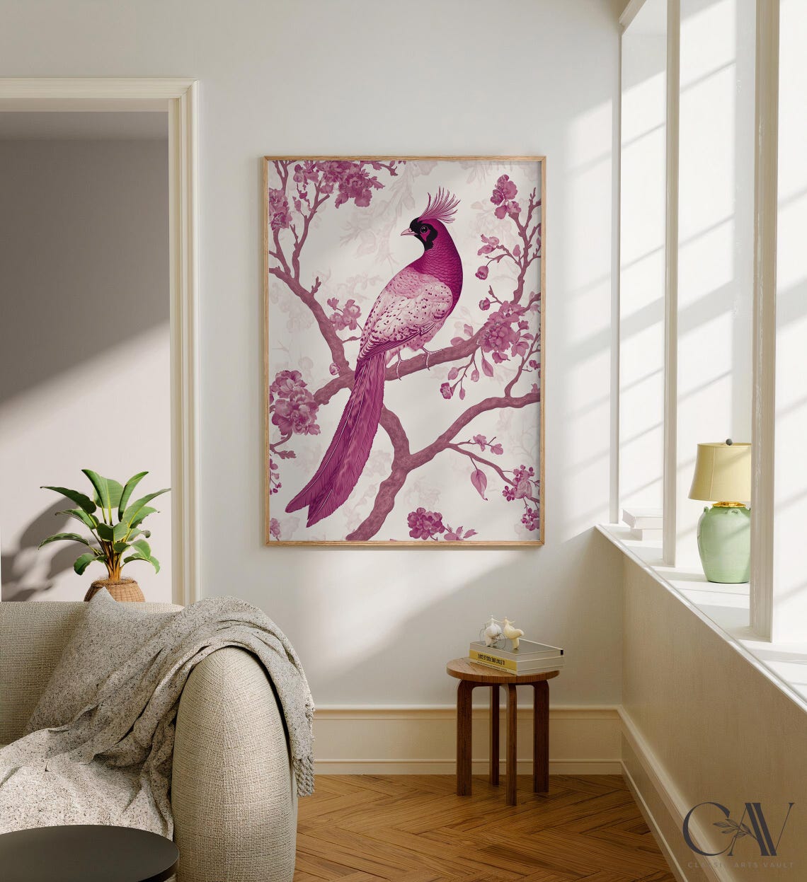 Pink Pheasant Perched on Flowering Branch Chinoiserie Poster - Image 3