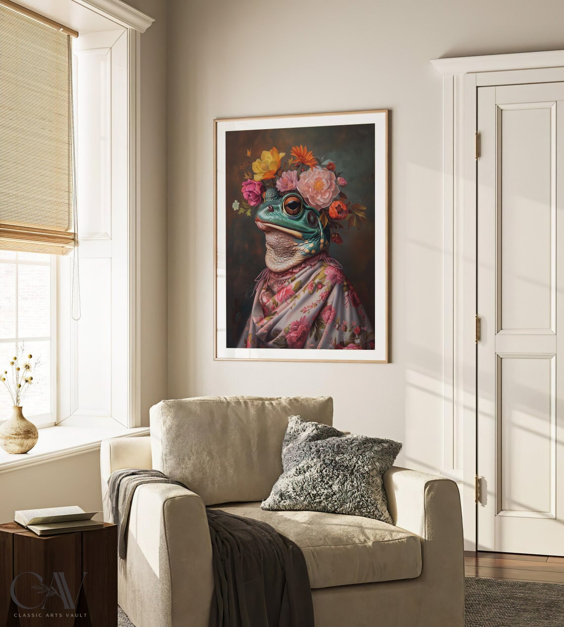 Frog Wearing Flower Crown and Floral Robe Whimsical Art Print - Image 4