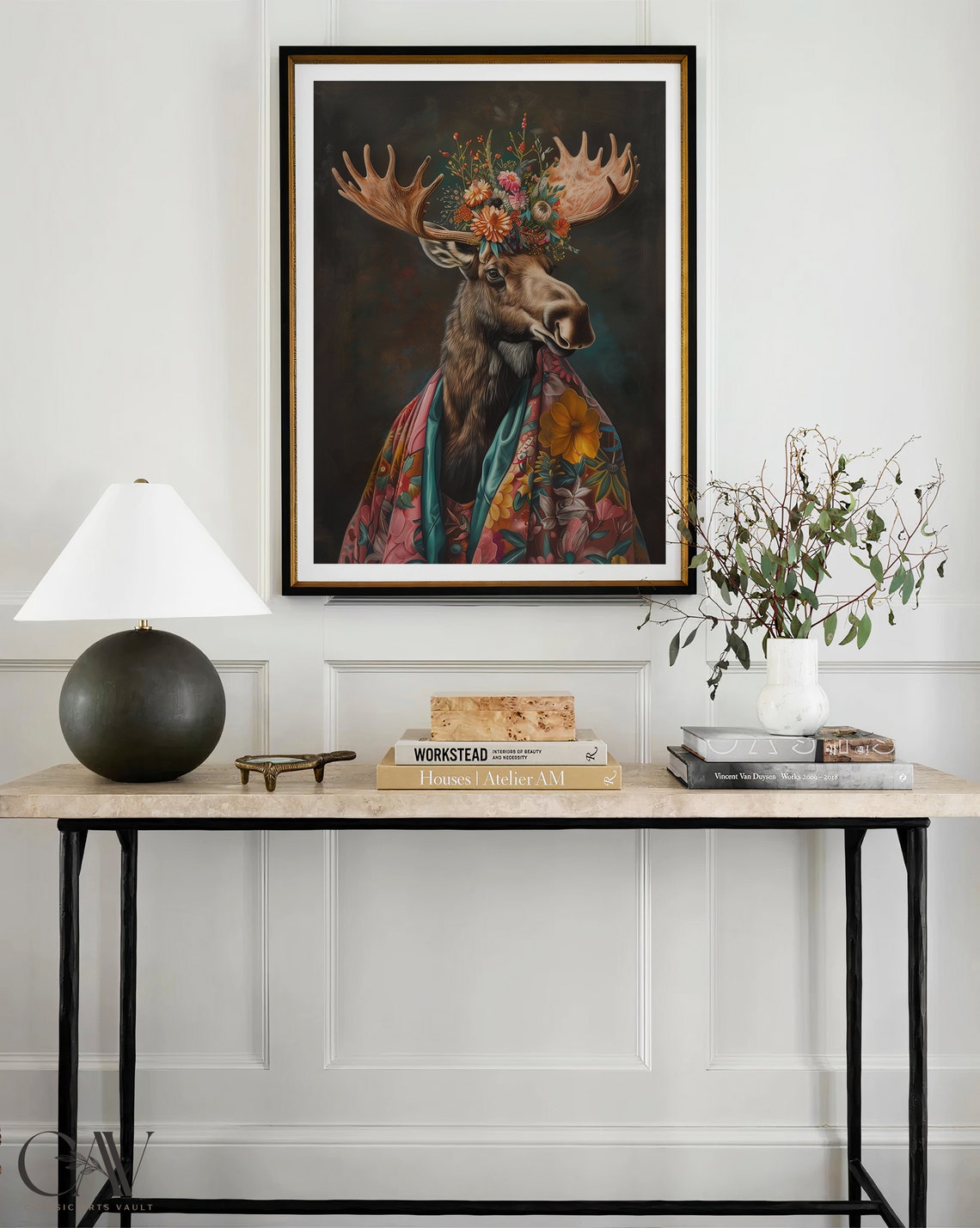 Moose Wearing Flower Crown and Floral Robe Dark Portrait Poster - Image 4