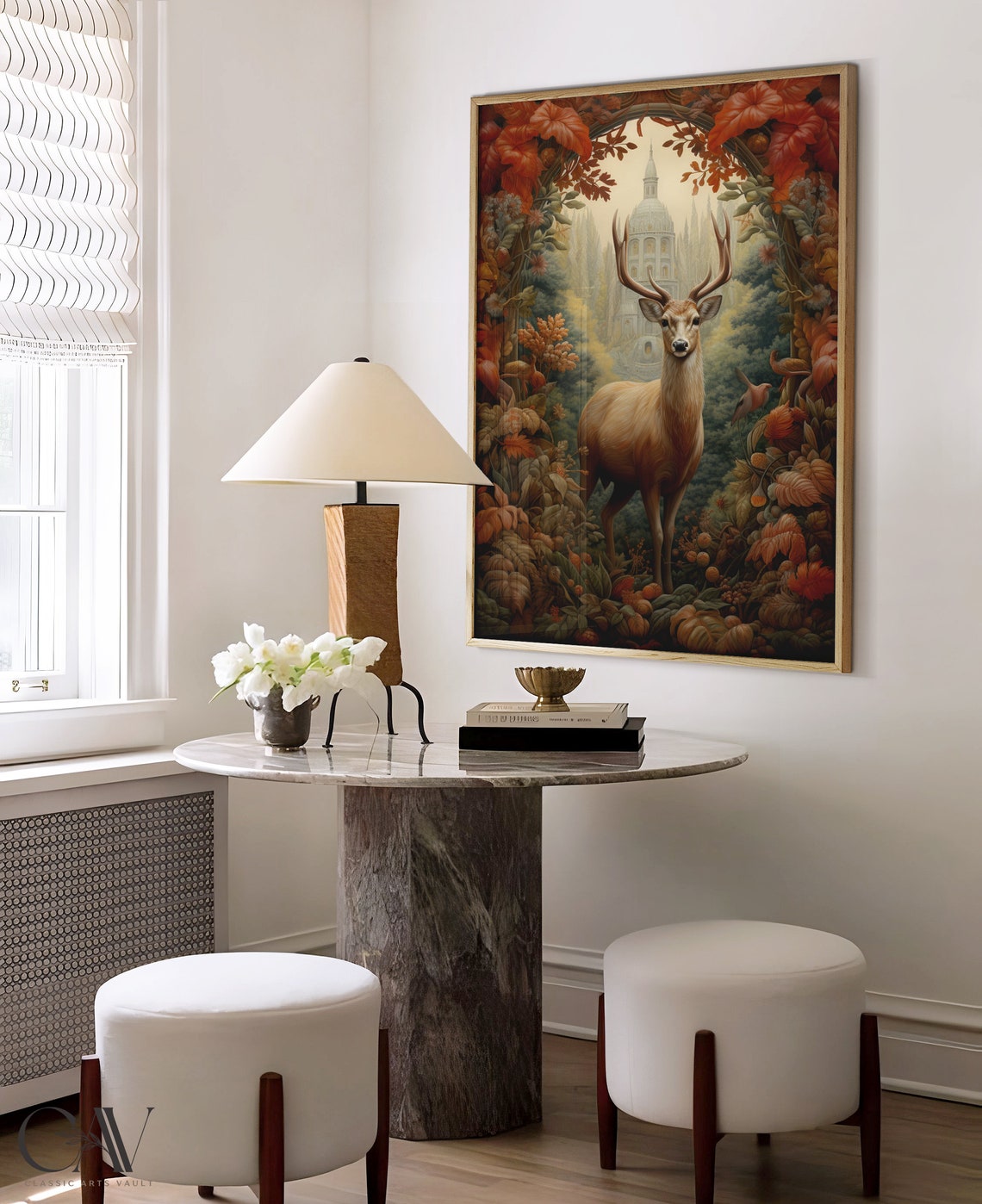 Stag with Antlers in Autumn Forest Arch with Distant Palace Poster - Image 4