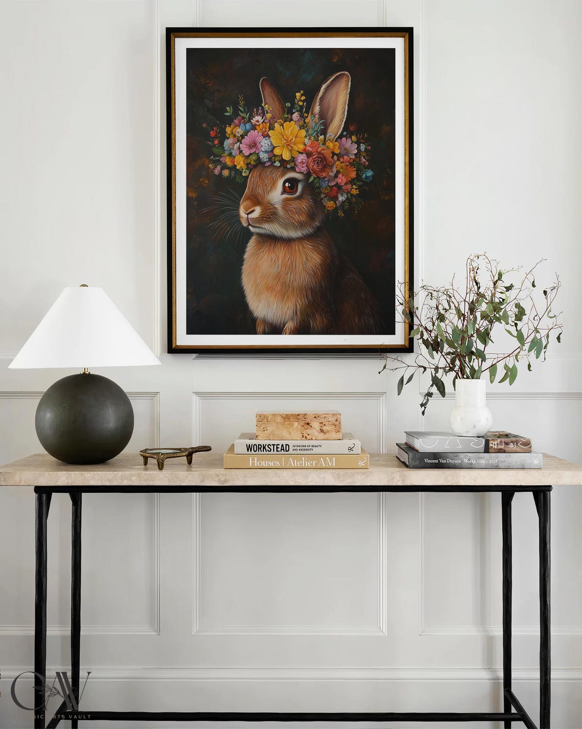 Brown Rabbit Wearing Bright Floral Crown Dark Portrait Poster - Image 4