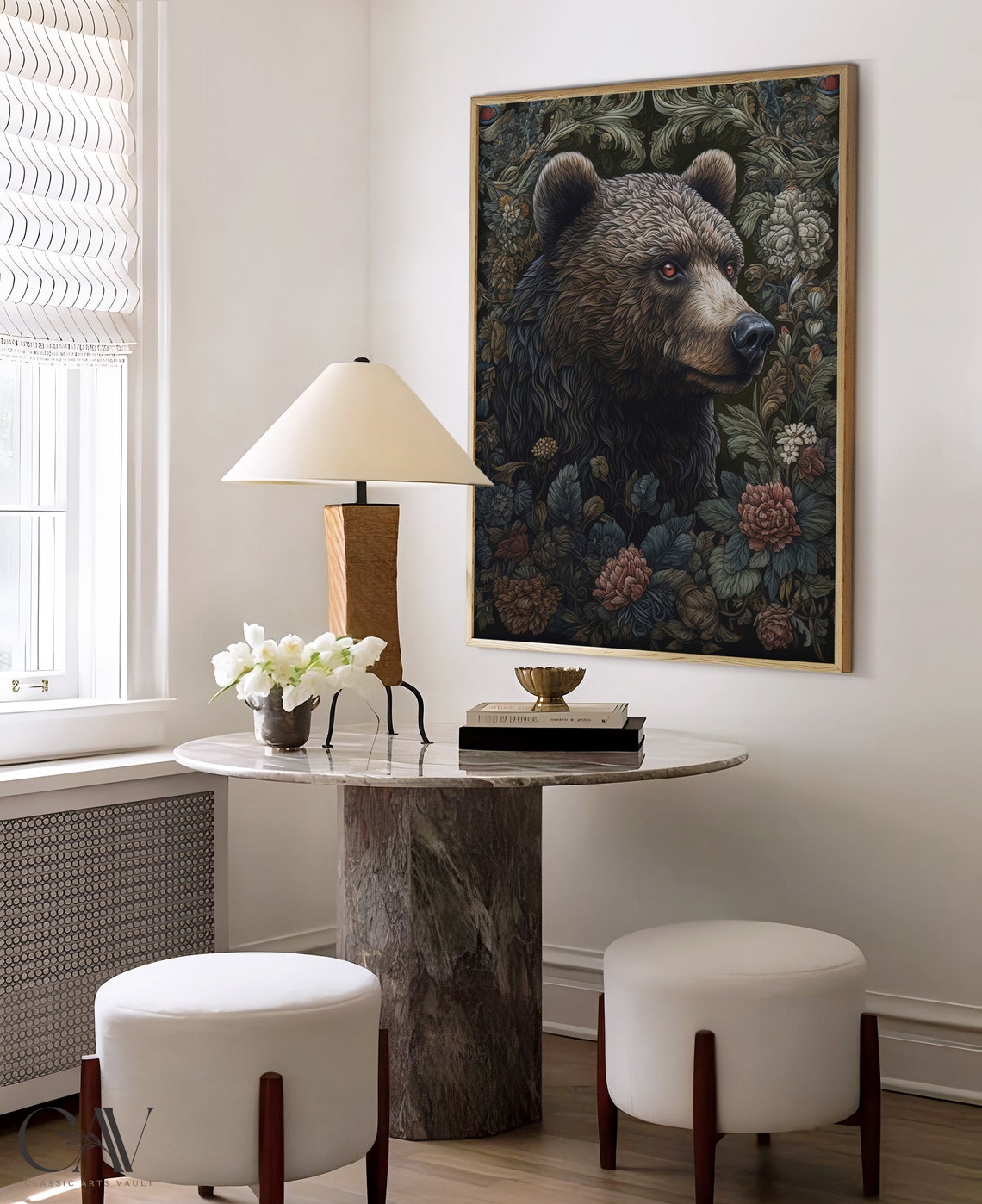 Majestic Brown Bear Among Dark Floral Tapestry Forest Poster - Image 3