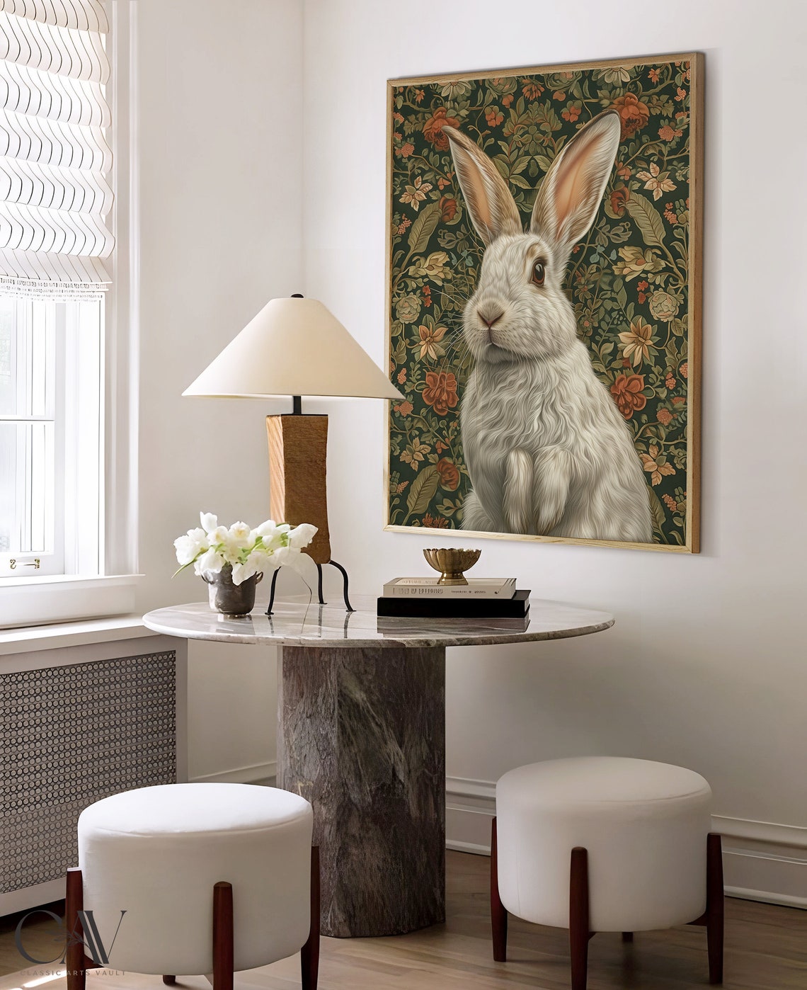 Sweet White Hare Close Portrait on Dark Vintage Botanical Poster - Image 4