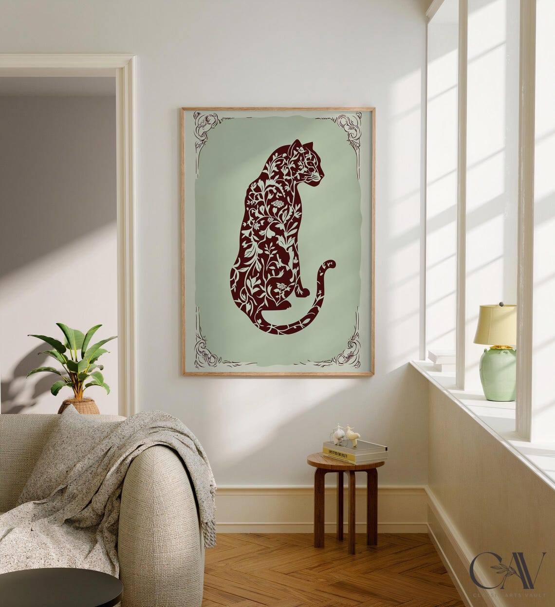 Burgundy Panther Silhouette Floral Pattern Sage Green Art Poster - Image 3