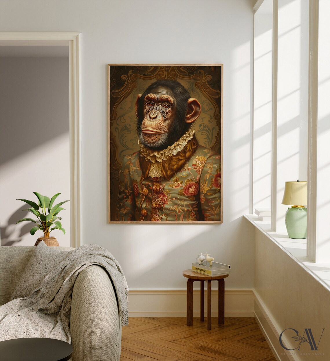 Chimpanzee in Floral Brocade Coat with Ruffle Collar Baroque Portrait Poster - Image 3