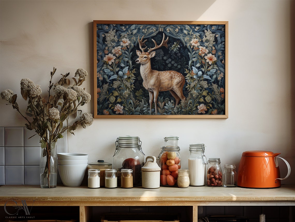 Stag with Antlers in Dark Navy Morris Floral Tapestry Art Print - Image 3