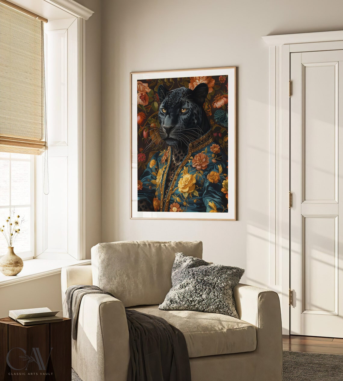 Black Panther Renaissance Portrait Floral Brocade Animal Poster - Image 3
