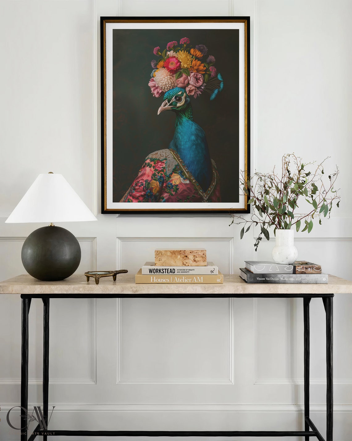 Peacock with Flower Crown in Floral Robe on Dark Moody Art Print - Image 3
