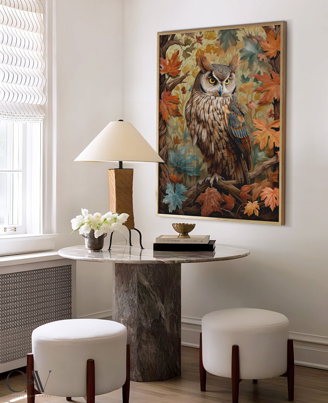 Owl Perched on Branch Among Autumn Leaves Fall Woodland Poster - Image 4