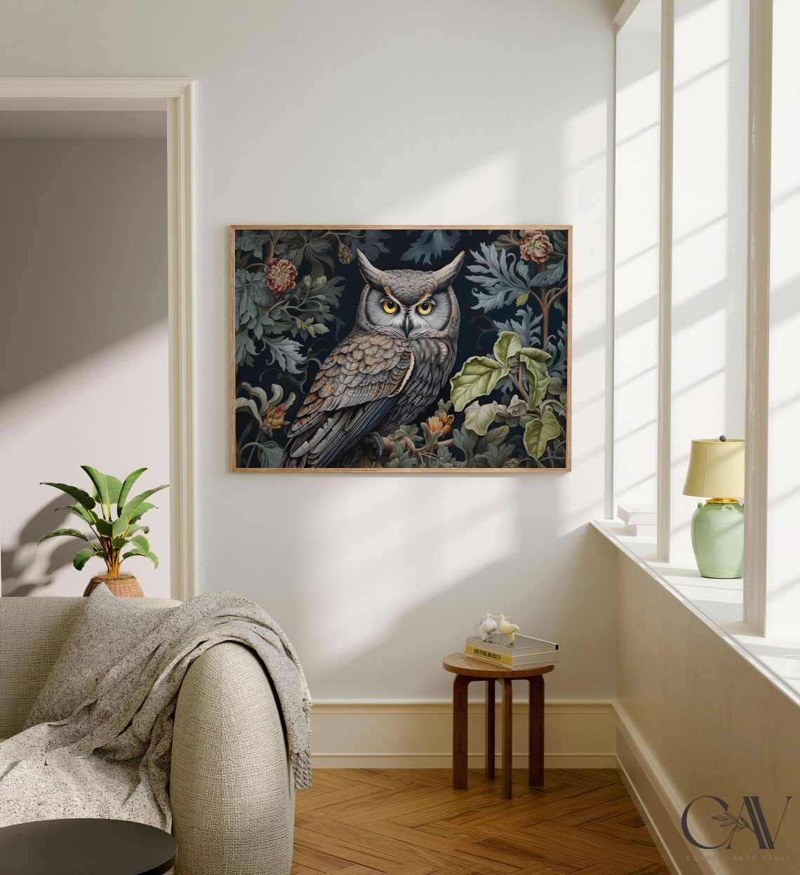 Great Horned Owl Among Dark Floral Vines Botanical Wildlife Art Poster - Image 2