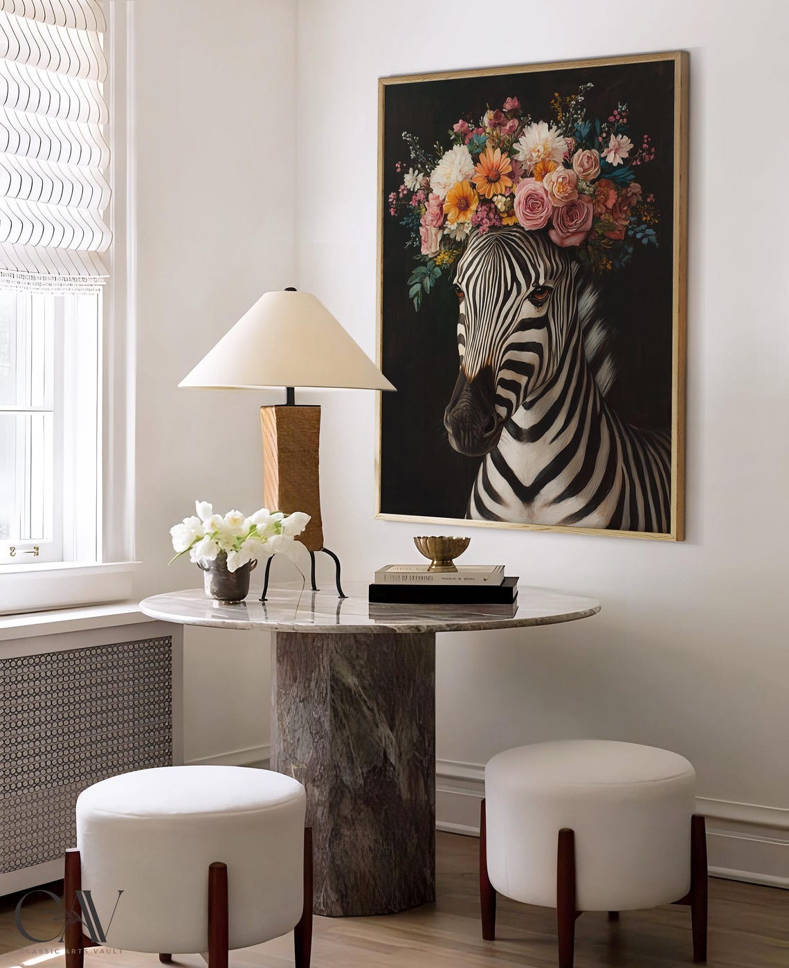 Zebra Flower Crown Maximalist Floral Animal Portrait Wall Art - Image 4