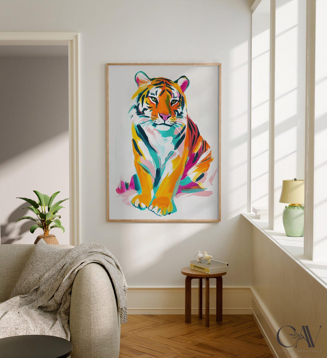 Colorful Abstract Tiger Sitting Painting in Bold Brushstrokes Poster
