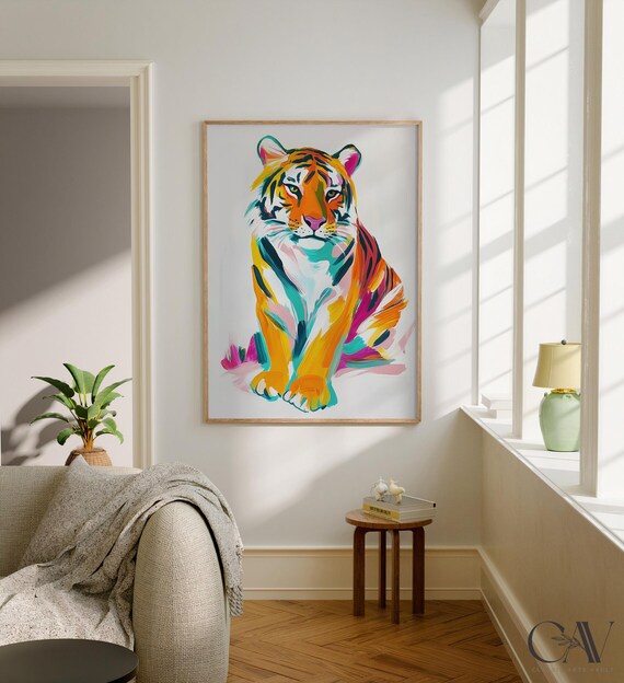 Colorful Abstract Tiger Sitting Painting in Bold Brushstrokes Poster