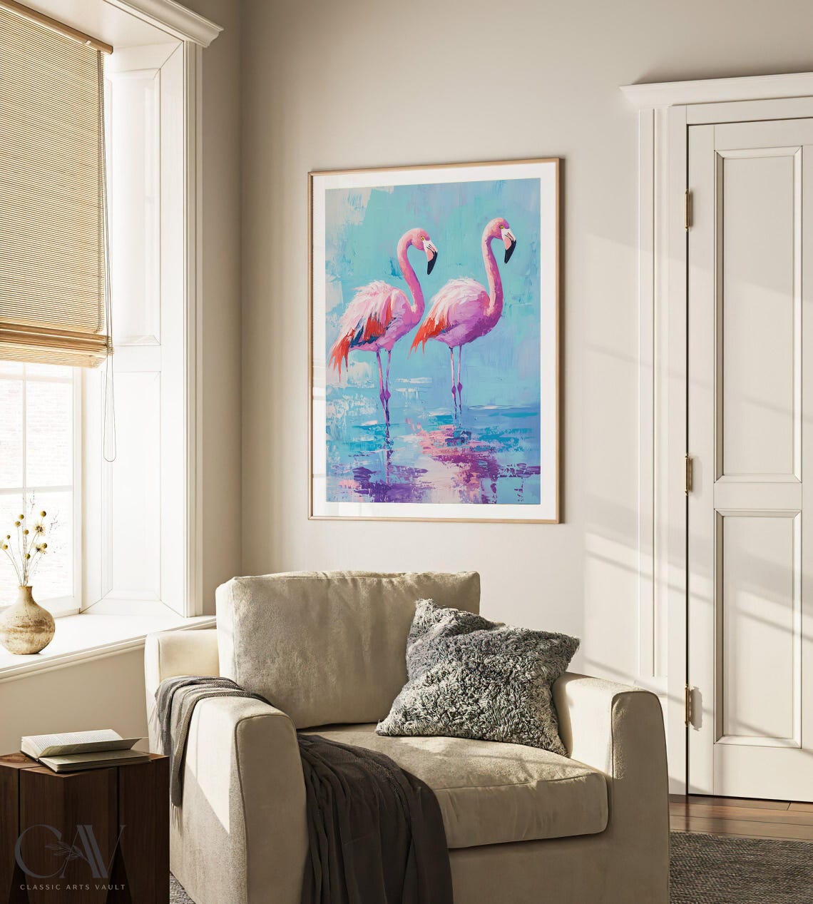 Pink Flamingos Pair Turquoise Water Modern Painterly Art Poster - Image 3