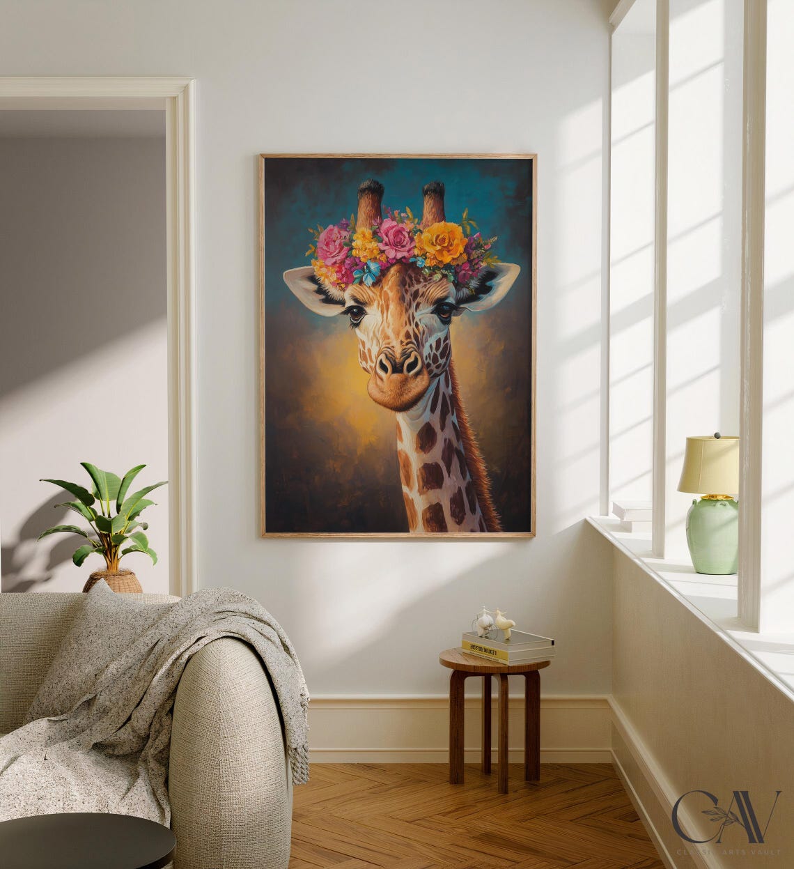 Giraffe With Floral Crown on Teal Gold Background Art Poster - Image 2