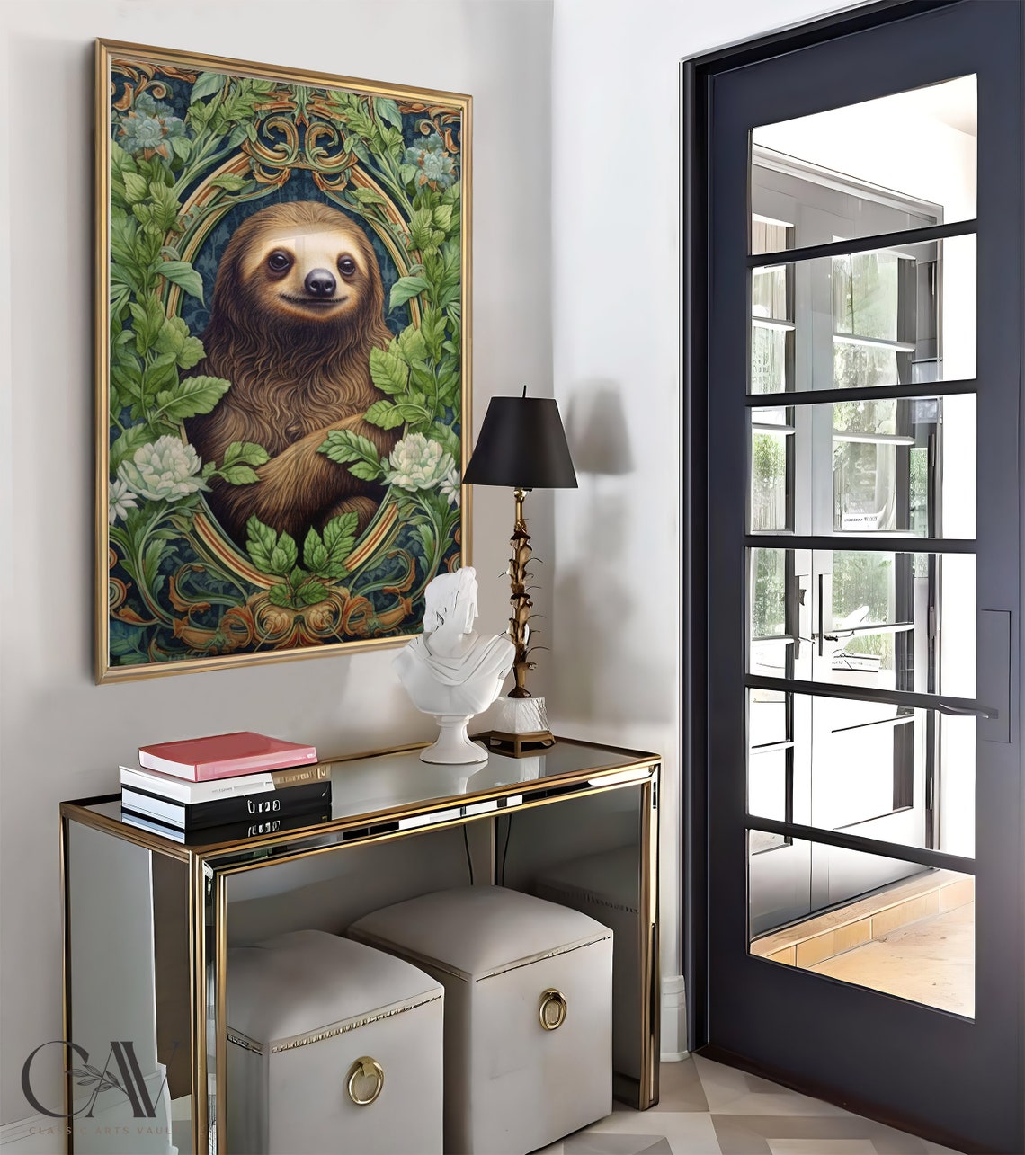 William Morris Style Sloth Portrait Leafy Botanical Wall Art - Image 4