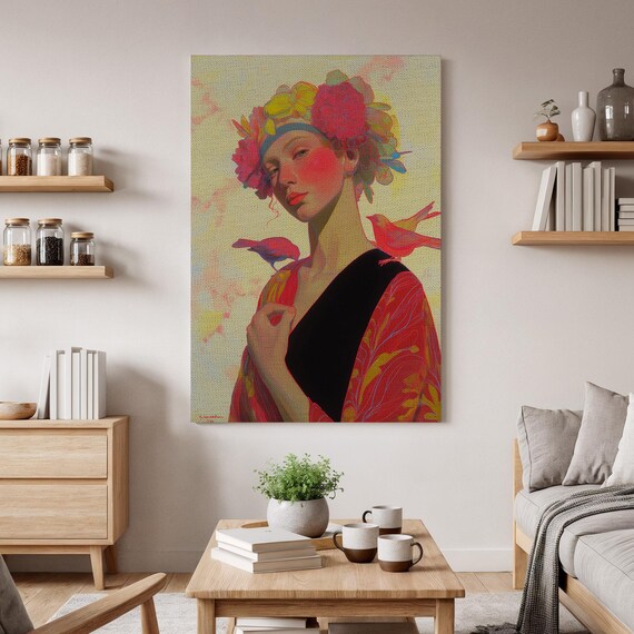 Colorful Woman Floral Headdress Portrait Red Birds Romantic Art Poster