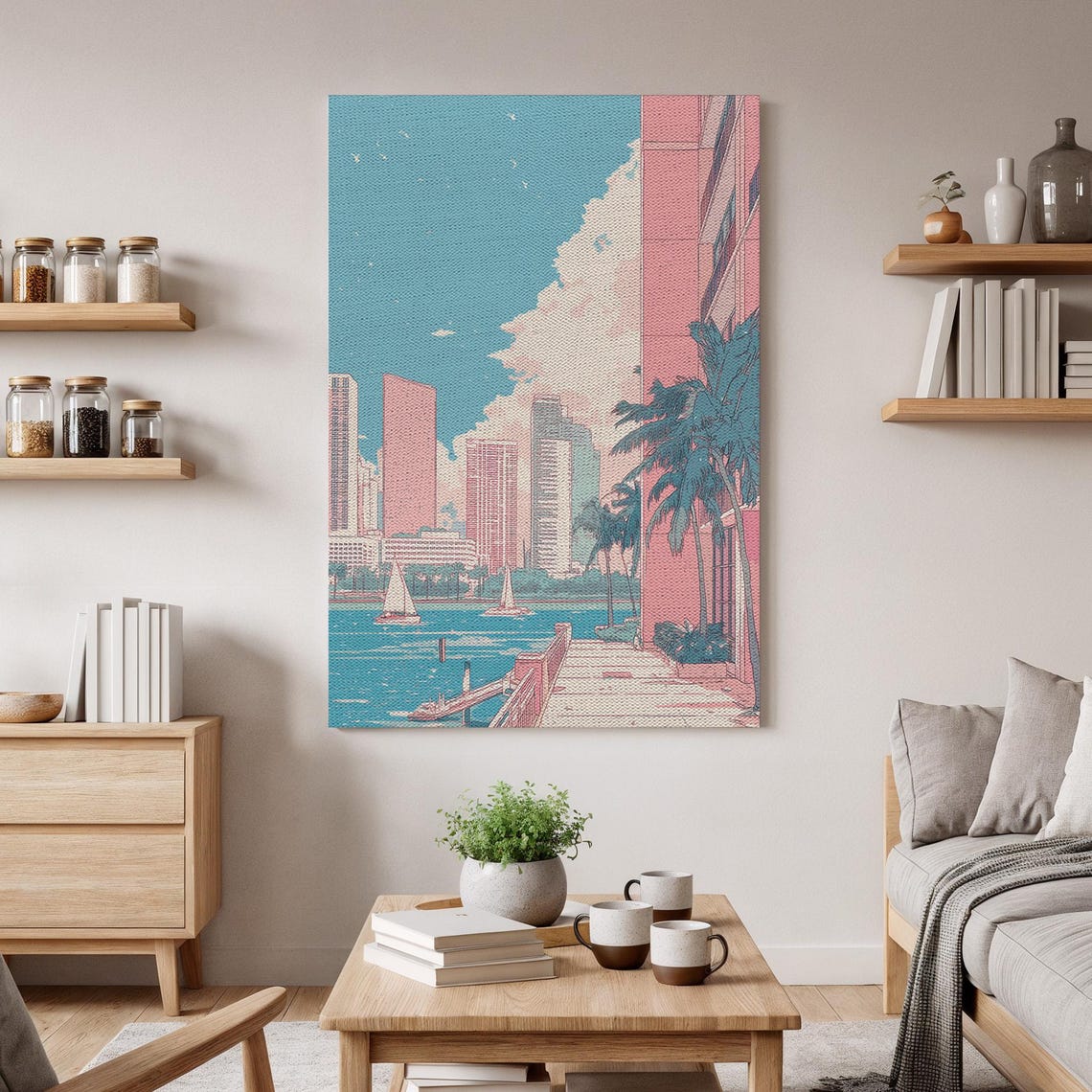 Pink City Skyline Palm Trees Retro Coastal Travel Art Poster
