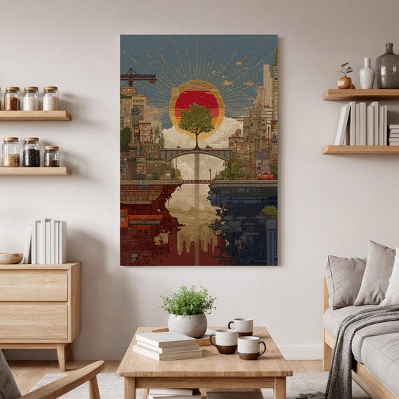 Cityscape Canvas Art With Tree And Sun Modern Abstract Urban Wall Print Surreal Skyline Artwork Futuristic Nature Decor Gift