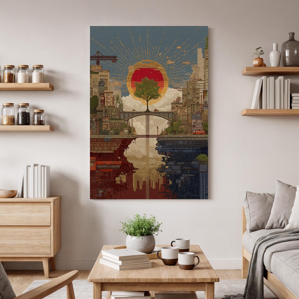 Abstract Cityscape Tree Bridge Red Sun Mirrored Reflection Modern Wall Art