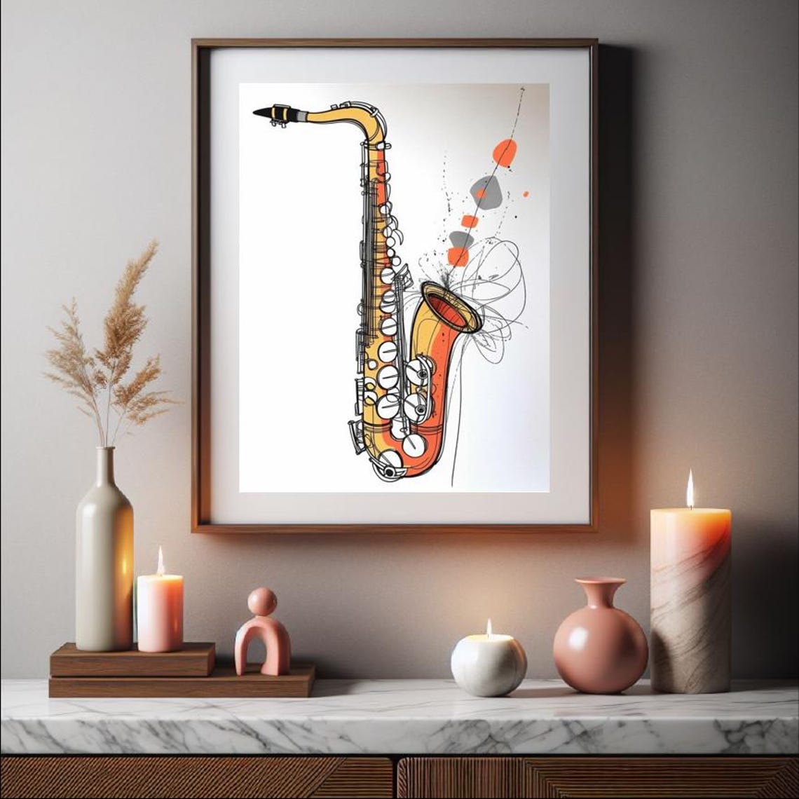 Minimal Orange Line Art Saxophone With Ink Scribble Detail Poster - Image 2
