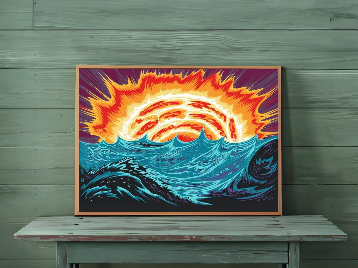 Blazing Fiery Sun Over Teal Ocean Waves Bold Pop Art Sunset Poster