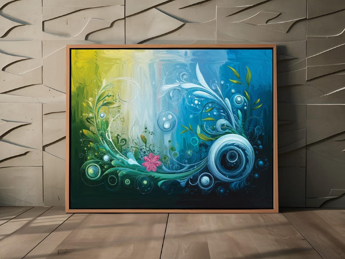 Swirling Ocean Waves With Pink Flower Abstract Nature Wall Art