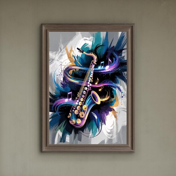 Neon Saxophone With Swirling Notes on Dark Abstract Music Poster