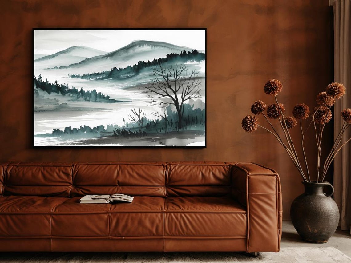 Monochrome Green Ink Mountain and Lake Minimalist Zen Landscape Poster - Image 3