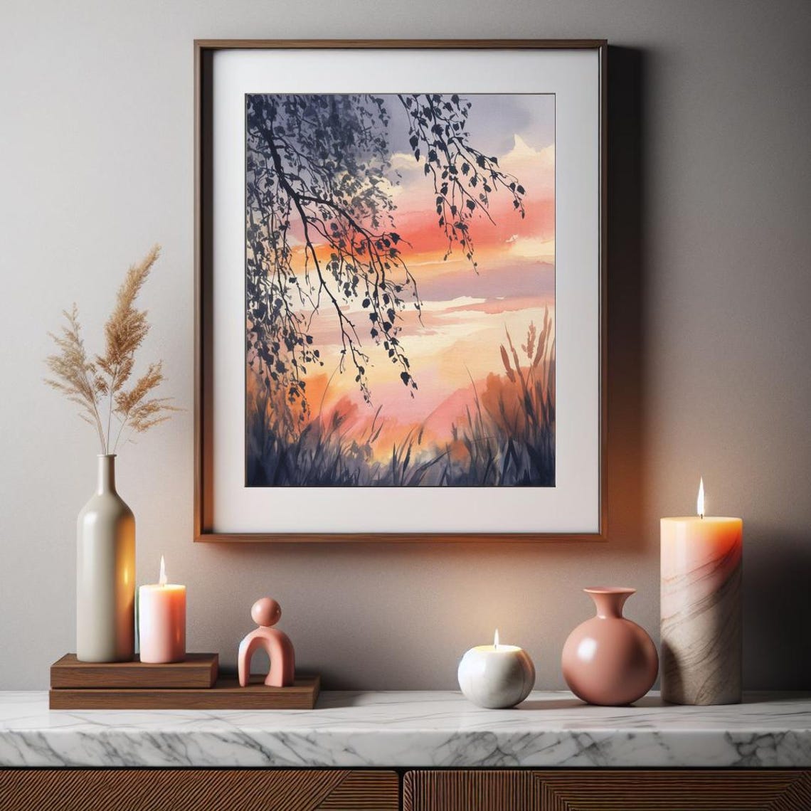 Sunset Through Branches Warm Watercolor Sky Silhouette Poster - Image 2