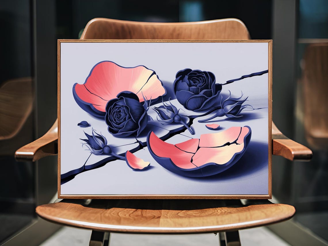 Indigo Blue Dried Roses With Cracked Pink Petals Floral Wall Art