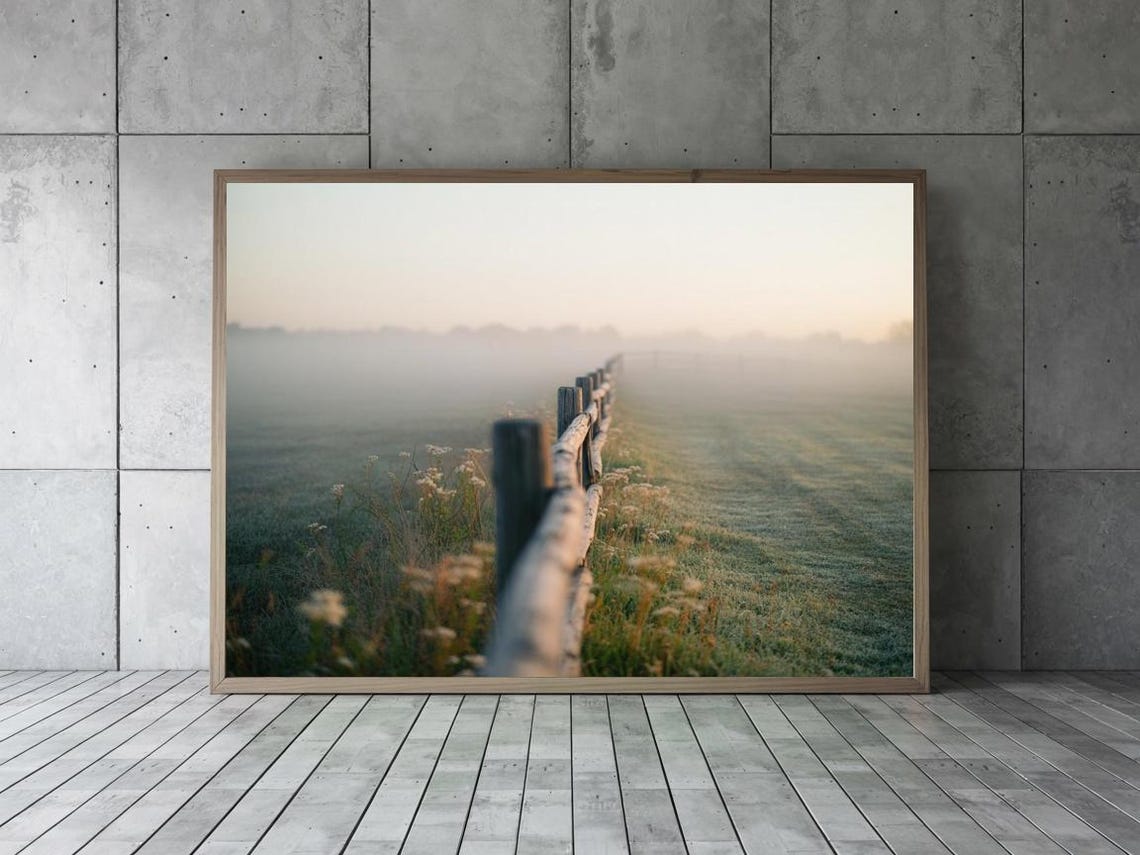 Foggy Meadow Fence at Dawn Countryside Landscape Photography Poster