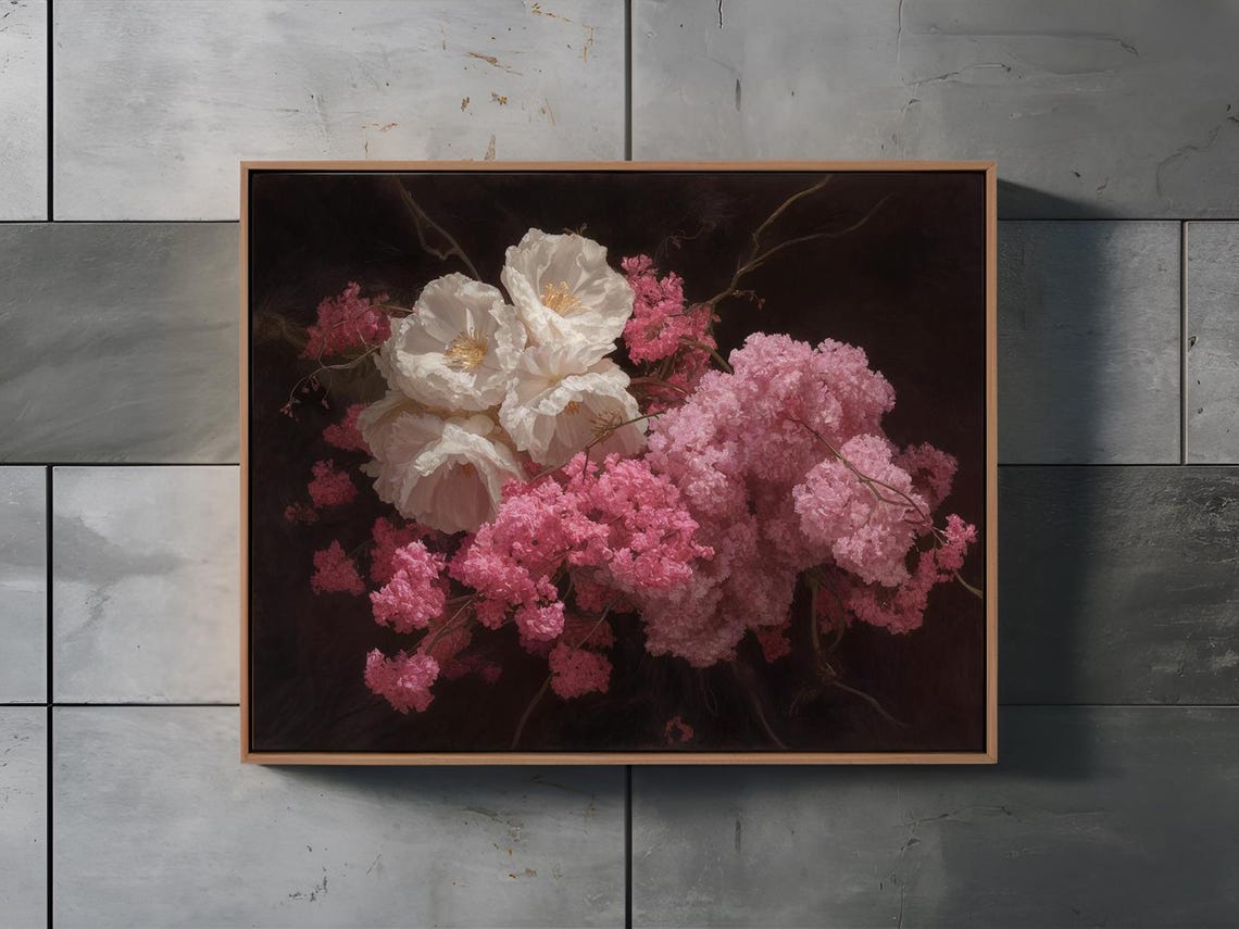 Moody White Blossoms Pink Flowers Dark Botanical Elegant Poster - Image 3