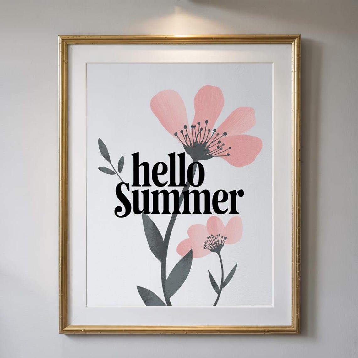 Hello Summer Black Serif Pink Blossom Minimalist Floral Decor Print - Image 3