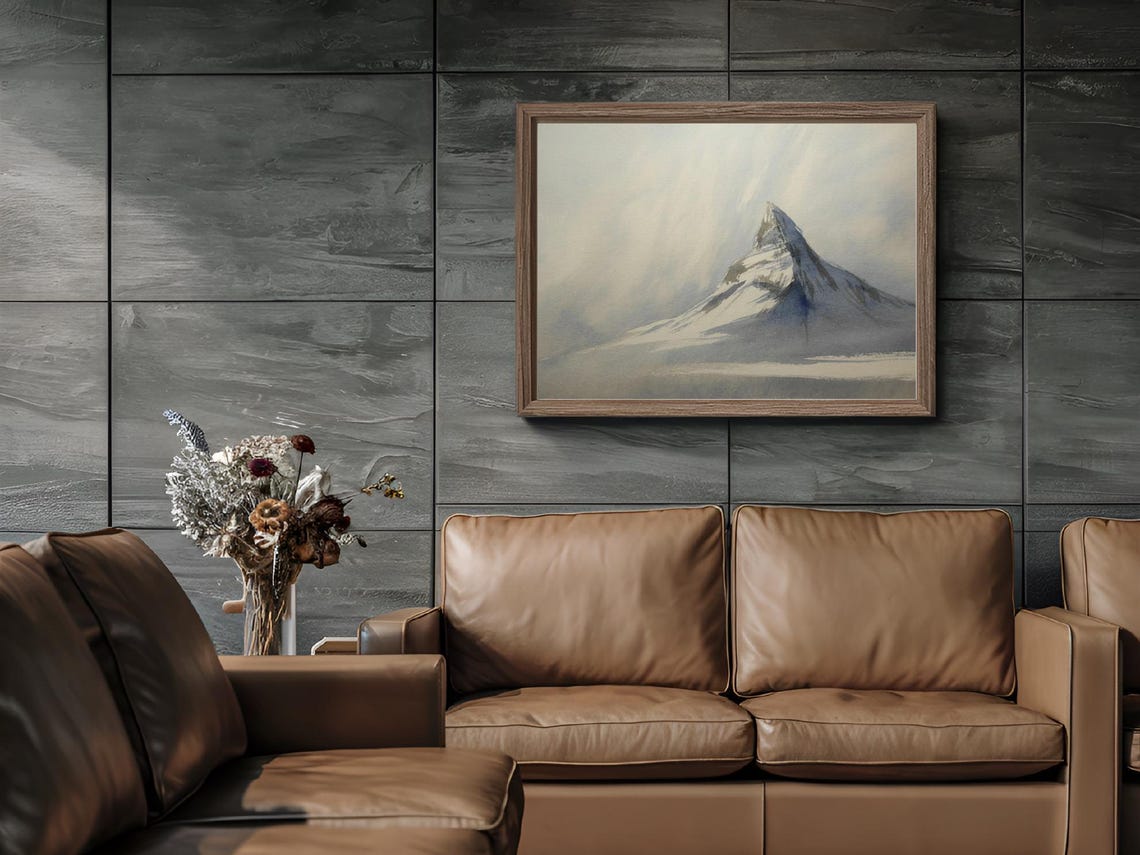 Snowy Alpine Peak Soft White Watercolor Mountain Landscape Print