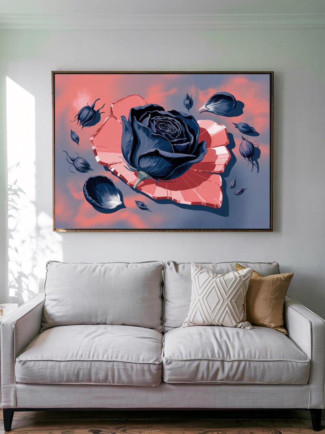 Deep Indigo Blue Rose On Coral Abstract Floral Graphic Wall Art - Image 3