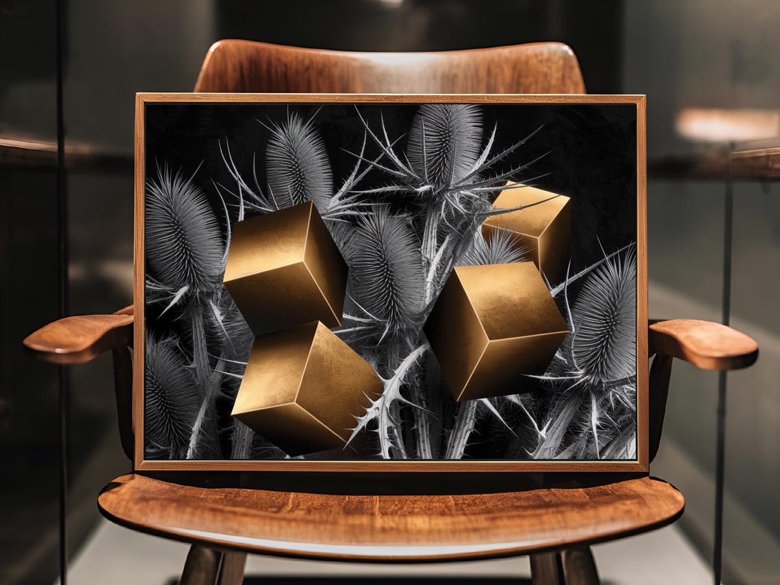 Golden Cubes Among Black White Thistles Surreal Botanical Poster - Image 2