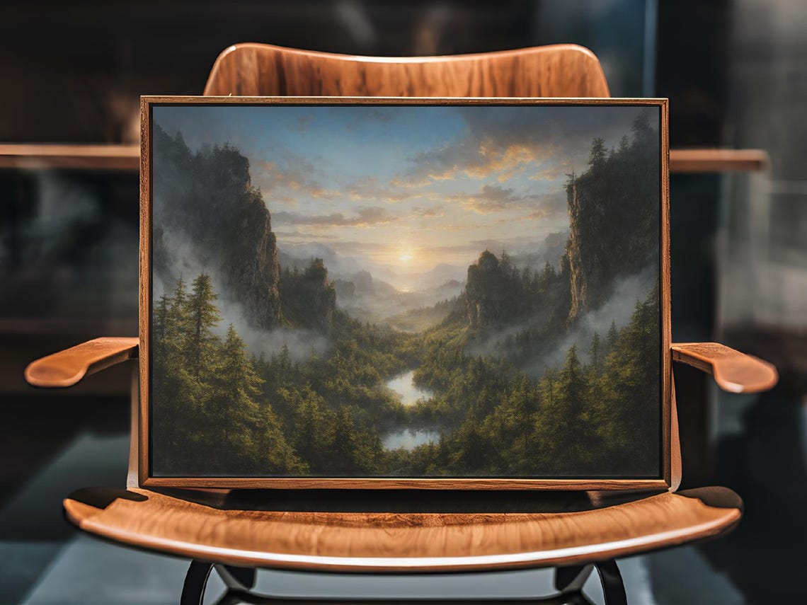 Foggy Pine Forest Valley With River and Cliffs at Sunrise Poster - Image 2
