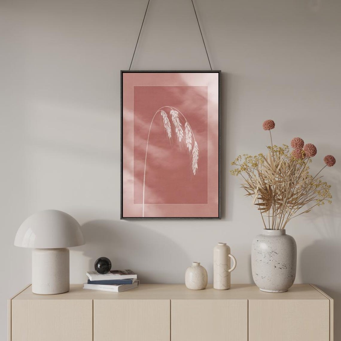 White Wheat Stalk Dusty Pink Single Minimalist Botanical Wall Art - Image 3