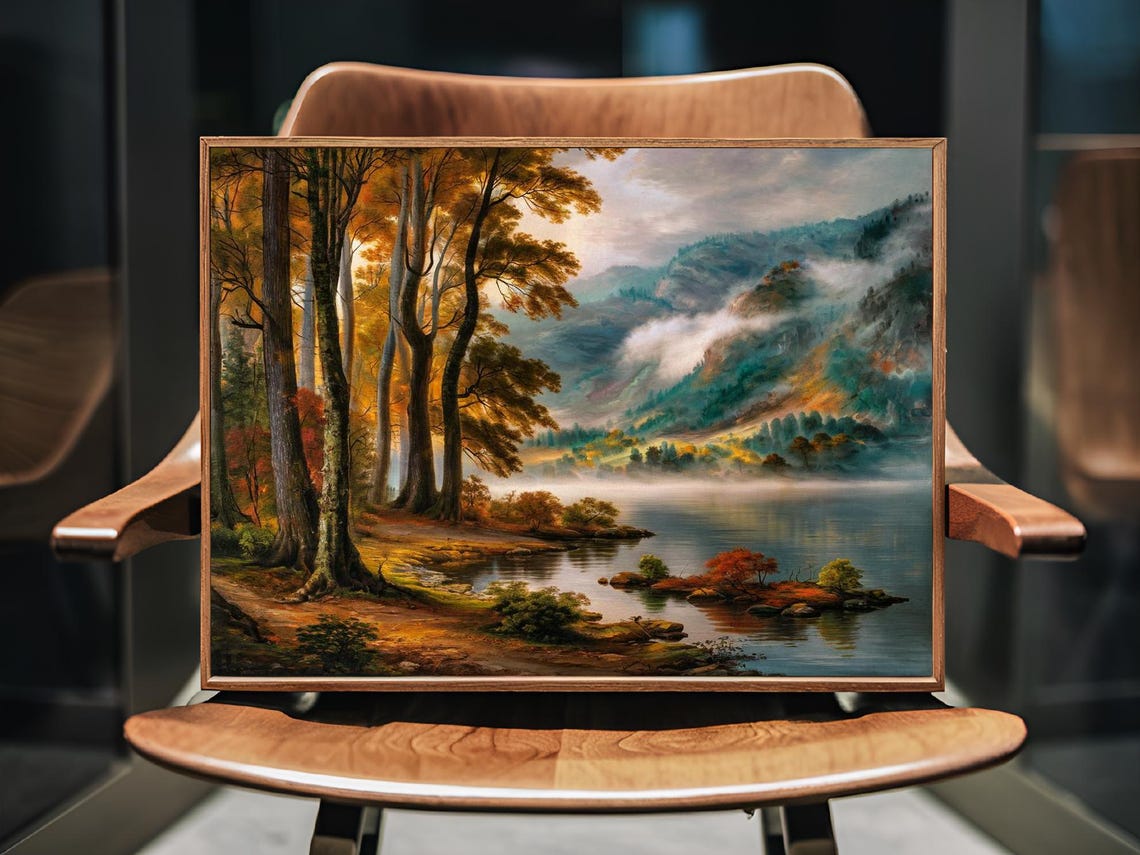 Misty Mountain Lake With Autumn Trees and Rocky Islets Poster