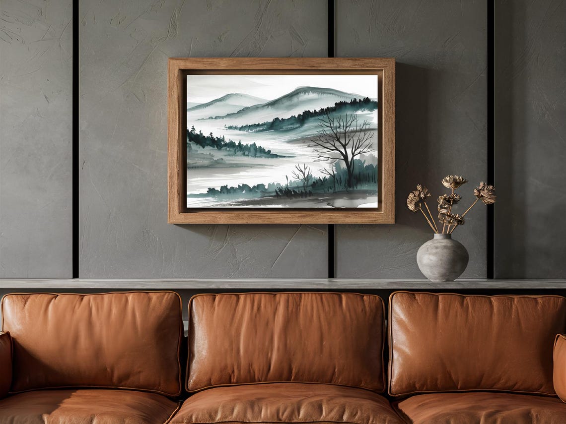 Monochrome Green Ink Mountain and Lake Minimalist Zen Landscape Poster - Image 2