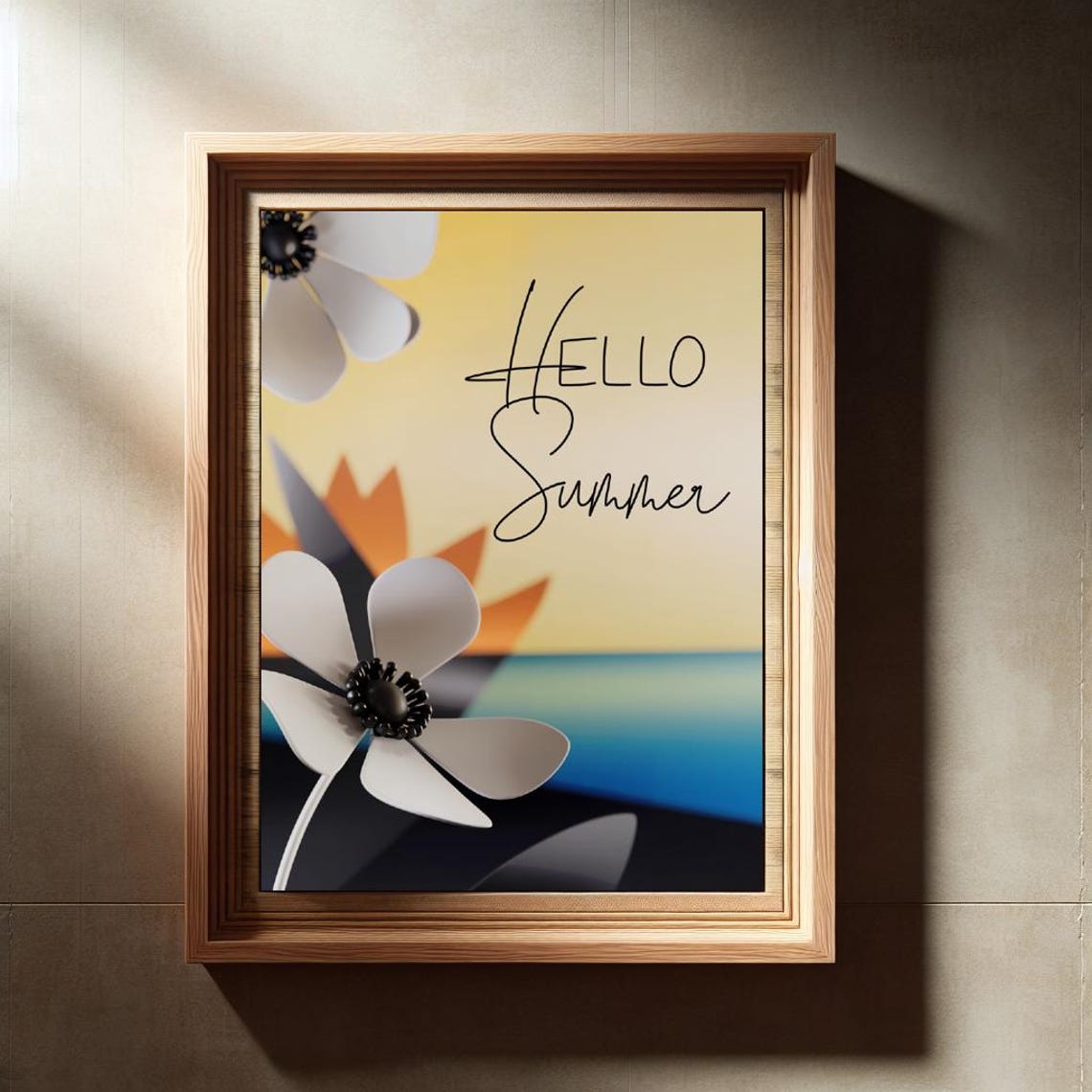Hello Summer Abstract Sunset Beach White Cosmos Flower Modern Wall Art - Image 2